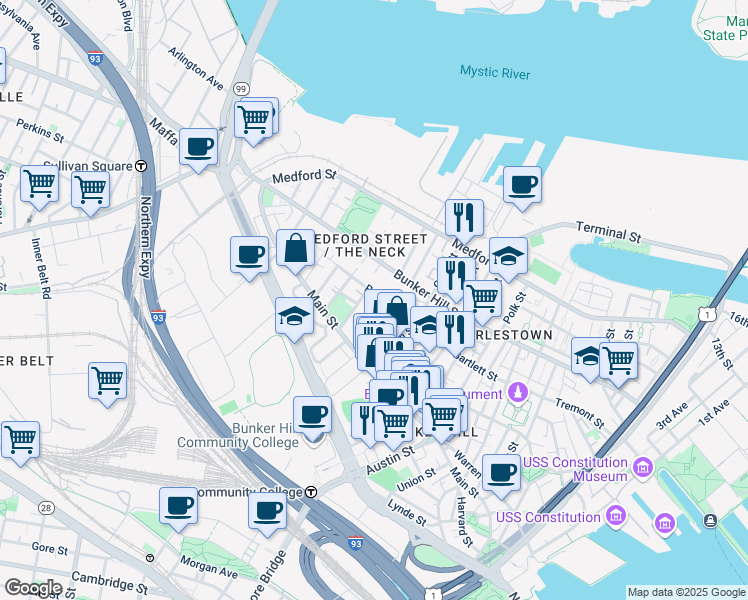 map of restaurants, bars, coffee shops, grocery stores, and more near 46 Walker Street in Boston