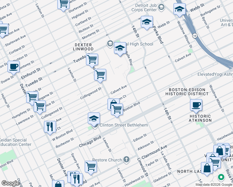 map of restaurants, bars, coffee shops, grocery stores, and more near 2541 Calvert Avenue in Detroit