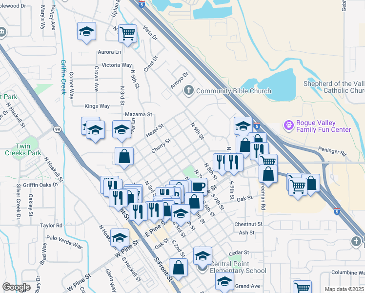 map of restaurants, bars, coffee shops, grocery stores, and more near 314 North 7th Street in Central Point