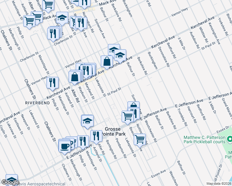 map of restaurants, bars, coffee shops, grocery stores, and more near 1096 Beaconsfield Avenue in Grosse Pointe Park