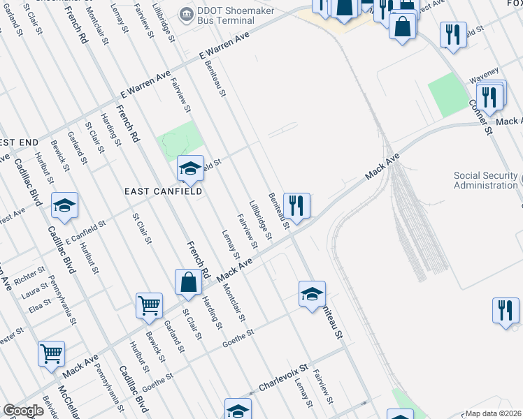 map of restaurants, bars, coffee shops, grocery stores, and more near 3894 Lillibridge Street in Detroit