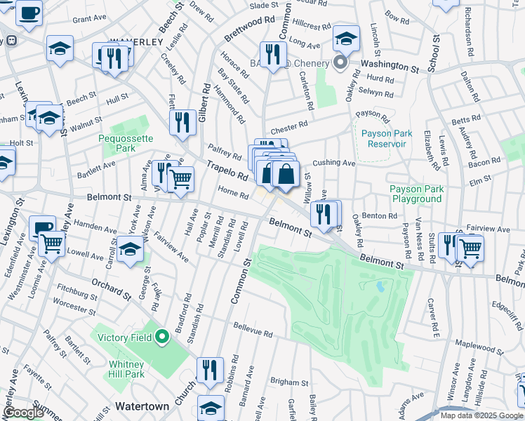 map of restaurants, bars, coffee shops, grocery stores, and more near 525 Common Street in Belmont