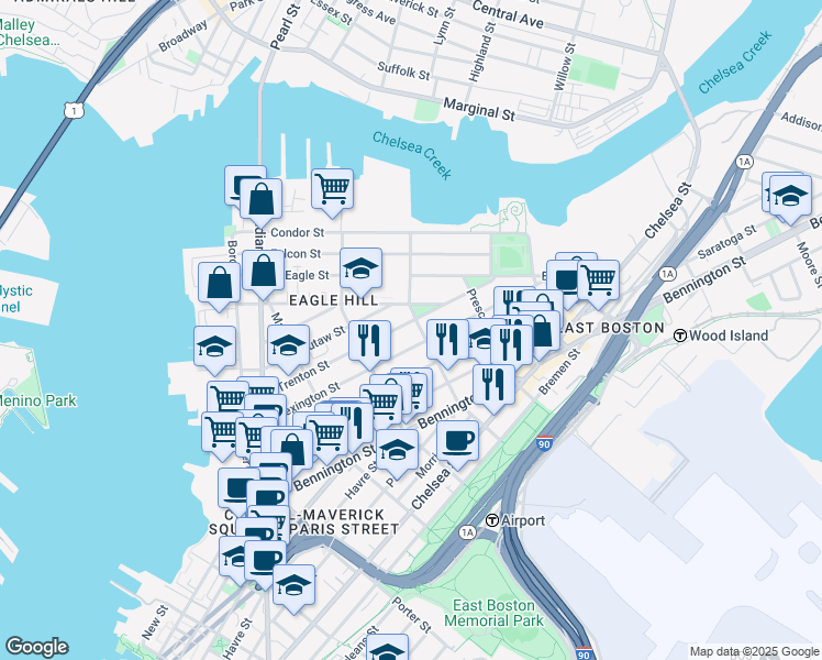 map of restaurants, bars, coffee shops, grocery stores, and more near 139 Trenton Street in Boston