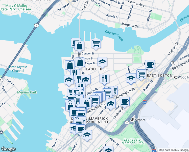map of restaurants, bars, coffee shops, grocery stores, and more near 66 Eutaw Street in Boston