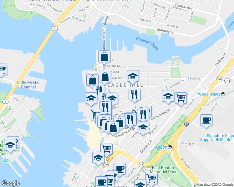 map of restaurants, bars, coffee shops, grocery stores, and more near 66 Eutaw Street in Boston