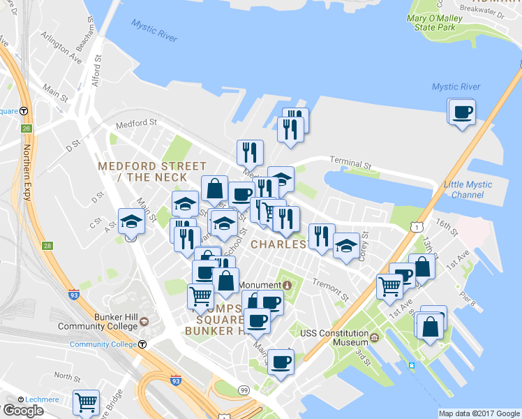 map of restaurants, bars, coffee shops, grocery stores, and more near 86 Elm Street in Boston
