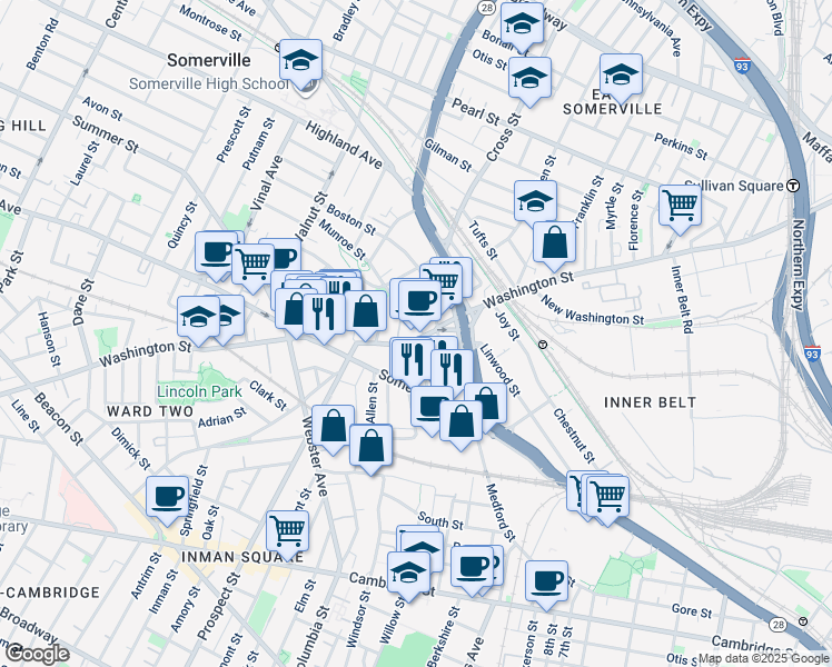 map of restaurants, bars, coffee shops, grocery stores, and more near 192 Washington Street in Somerville