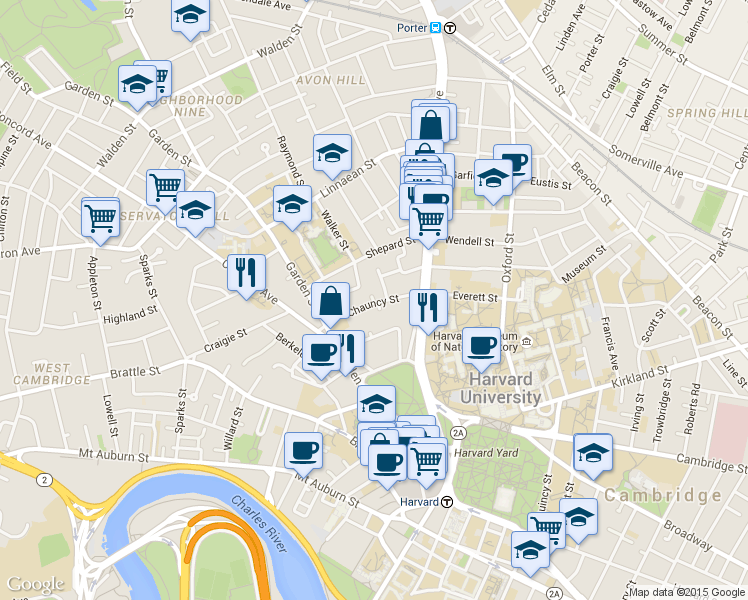 map of restaurants, bars, coffee shops, grocery stores, and more near 16 Chauncy Street in Cambridge