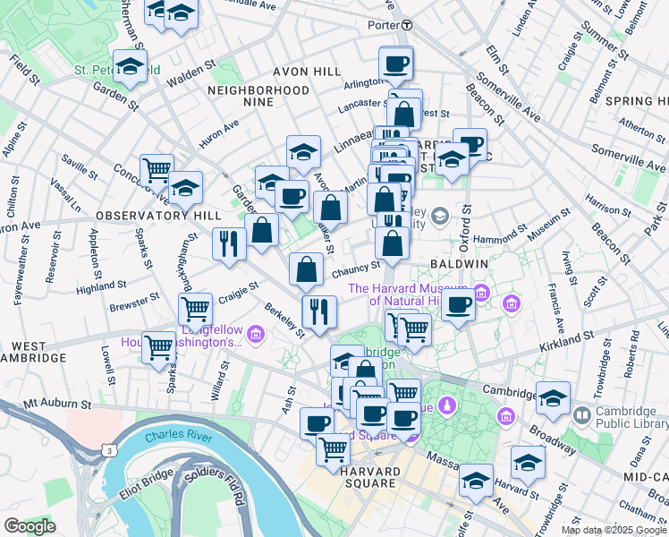 map of restaurants, bars, coffee shops, grocery stores, and more near 16 Chauncy Street in Cambridge