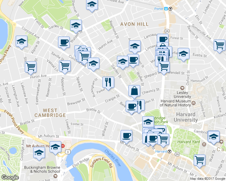 map of restaurants, bars, coffee shops, grocery stores, and more near 36 Concord Avenue in Cambridge