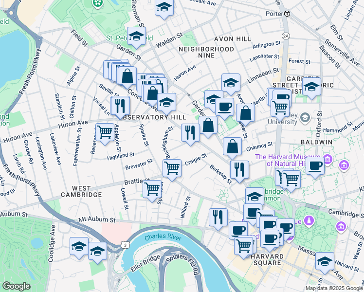 map of restaurants, bars, coffee shops, grocery stores, and more near 42 Parker Street in Cambridge