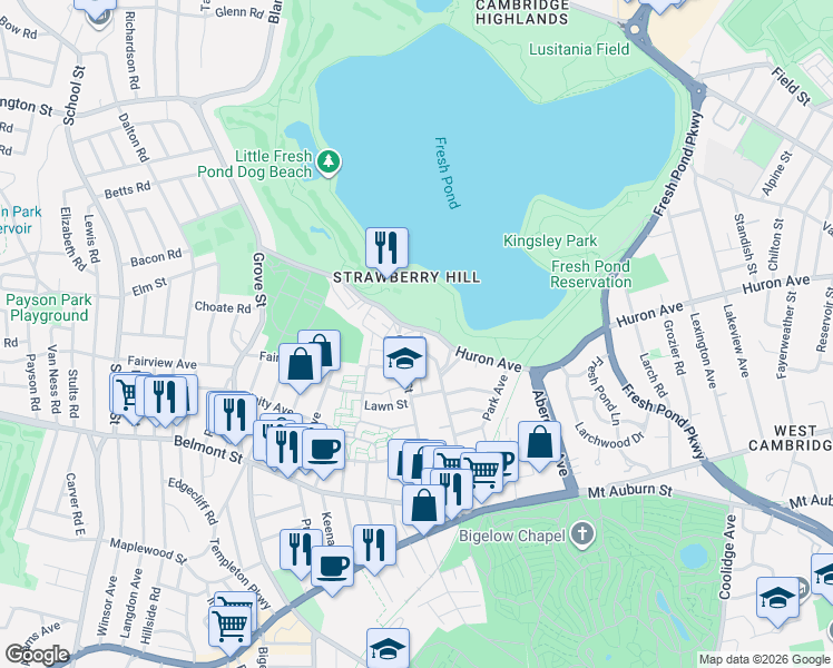 map of restaurants, bars, coffee shops, grocery stores, and more near 174 Cushing Street in Cambridge