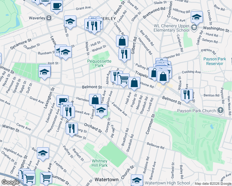 map of restaurants, bars, coffee shops, grocery stores, and more near 23 Hardy Avenue in Watertown