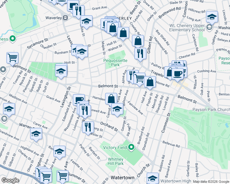 map of restaurants, bars, coffee shops, grocery stores, and more near 81 Carroll Street in Watertown