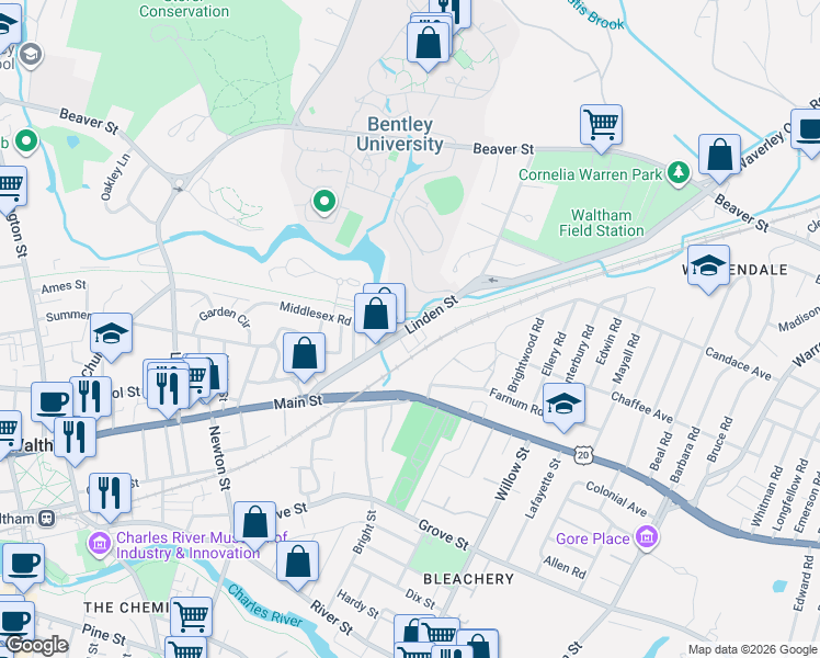 map of restaurants, bars, coffee shops, grocery stores, and more near 99 Linden Street in Waltham