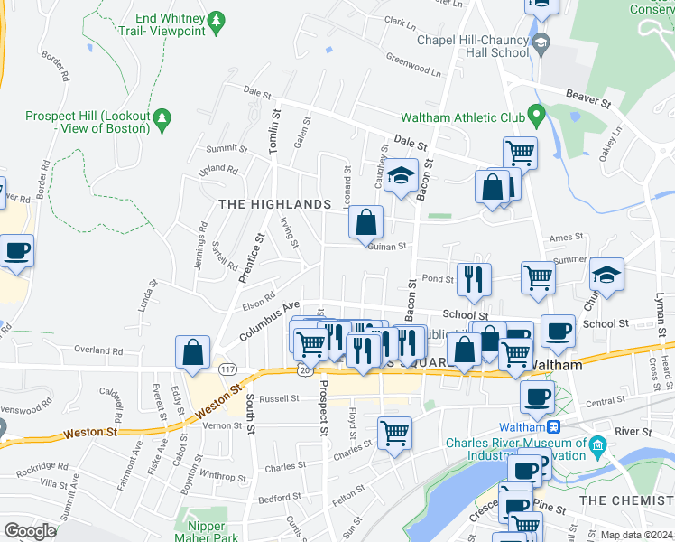 map of restaurants, bars, coffee shops, grocery stores, and more near 91 Francis Street in Waltham