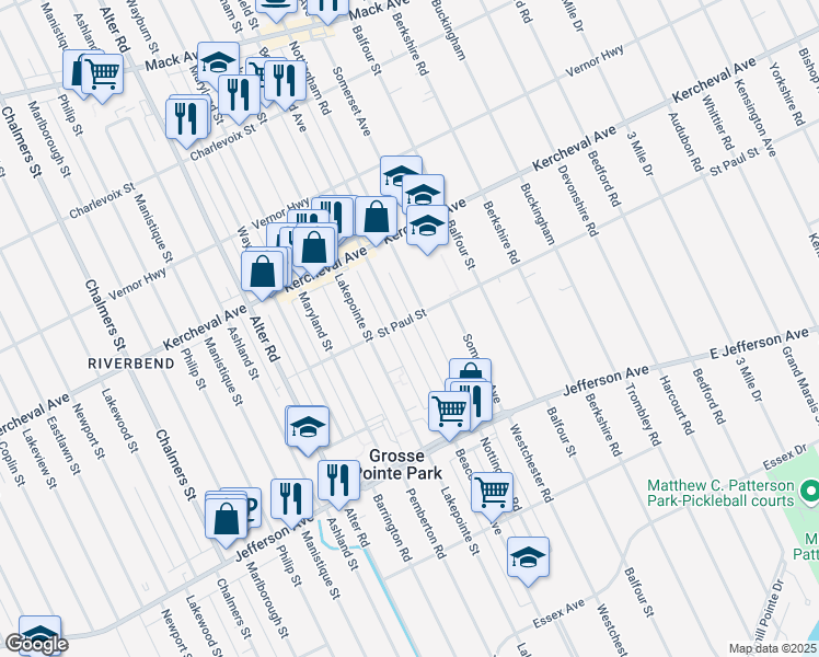 map of restaurants, bars, coffee shops, grocery stores, and more near 1080 Beaconsfield Avenue in Grosse Pointe Park