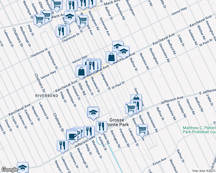 map of restaurants, bars, coffee shops, grocery stores, and more near 15216 Saint Paul Street in Grosse Pointe Park