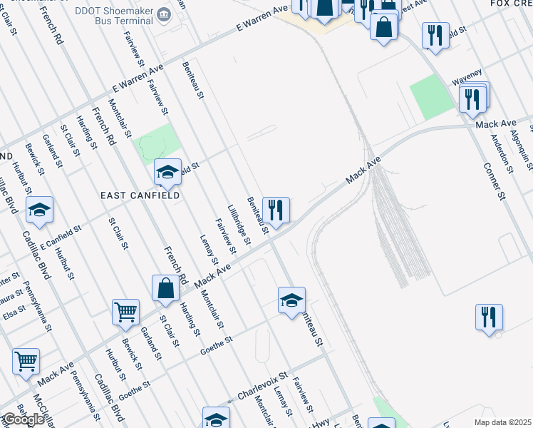 map of restaurants, bars, coffee shops, grocery stores, and more near 3852 Beniteau Street in Detroit