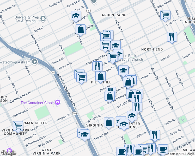 map of restaurants, bars, coffee shops, grocery stores, and more near 8825 2nd Avenue in Detroit