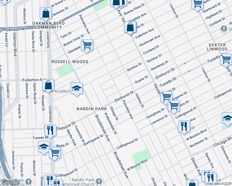 map of restaurants, bars, coffee shops, grocery stores, and more near 4224 Elmhurst Street in Detroit