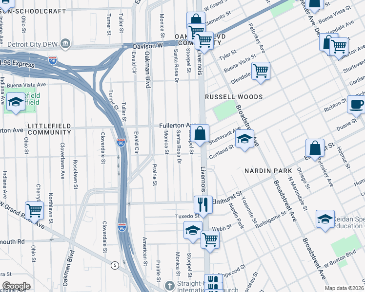 map of restaurants, bars, coffee shops, grocery stores, and more near 12309 Stoepel Street in Detroit
