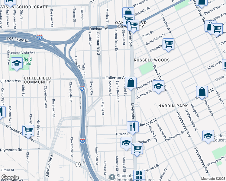 map of restaurants, bars, coffee shops, grocery stores, and more near 12318 Monica Street in Detroit