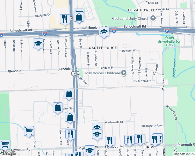 map of restaurants, bars, coffee shops, grocery stores, and more near 12645 Appleton Street in Detroit