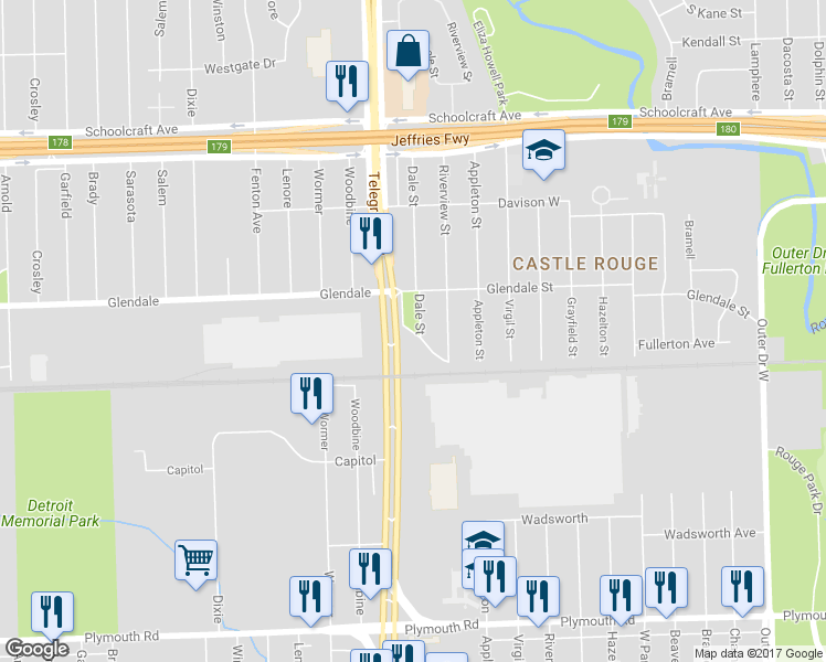 map of restaurants, bars, coffee shops, grocery stores, and more near 12675 Burt Road in Detroit