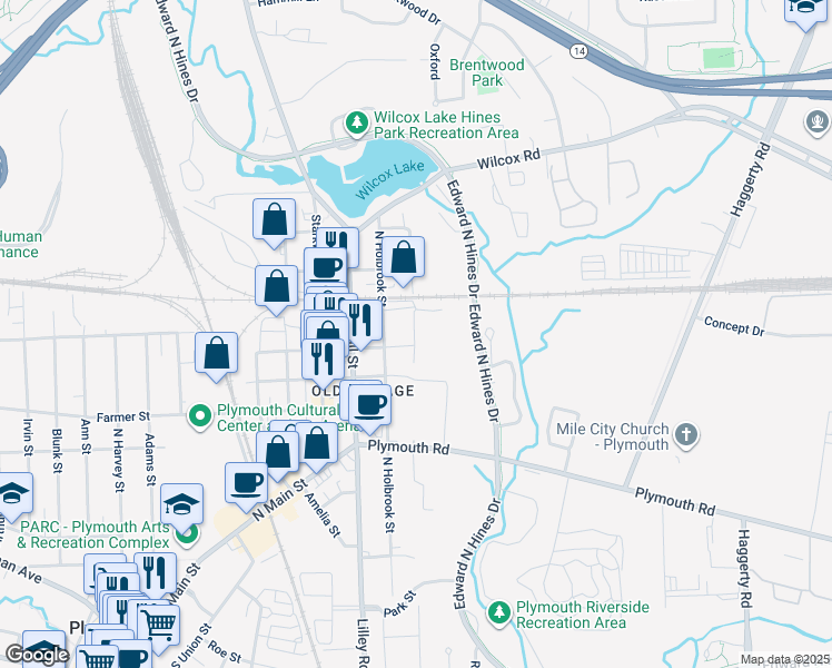 map of restaurants, bars, coffee shops, grocery stores, and more near 291 East Liberty Street in Plymouth