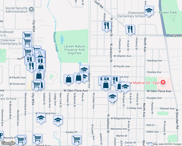 map of restaurants, bars, coffee shops, grocery stores, and more near 1200 West Glen Flora Avenue in Waukegan