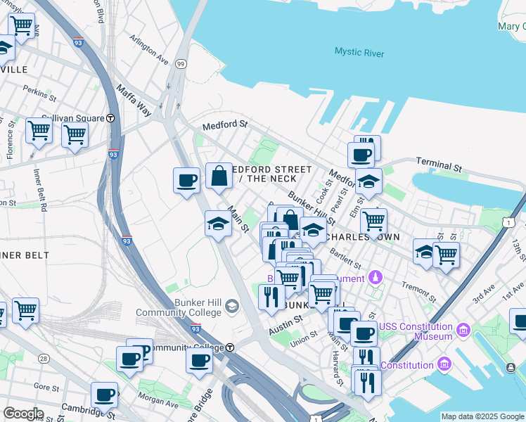 map of restaurants, bars, coffee shops, grocery stores, and more near 22 Eden Street in Boston