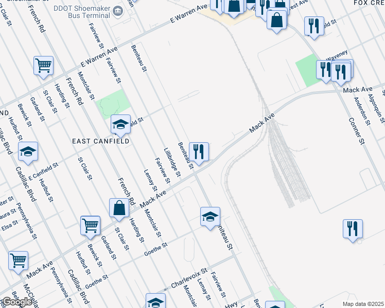 map of restaurants, bars, coffee shops, grocery stores, and more near 3852 Beniteau Street in Detroit