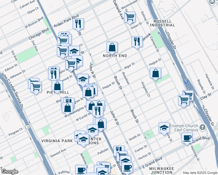 map of restaurants, bars, coffee shops, grocery stores, and more near 260 Hague Street in Detroit