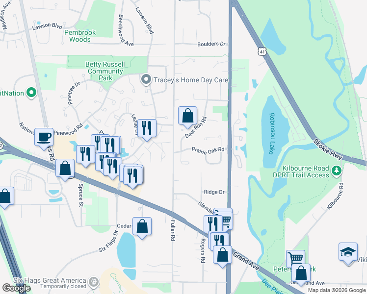 map of restaurants, bars, coffee shops, grocery stores, and more near 5090 Prairie Oak Road in Gurnee