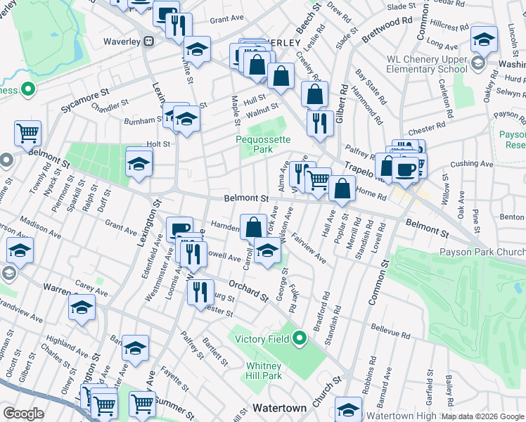map of restaurants, bars, coffee shops, grocery stores, and more near 81 Carroll Street in Watertown