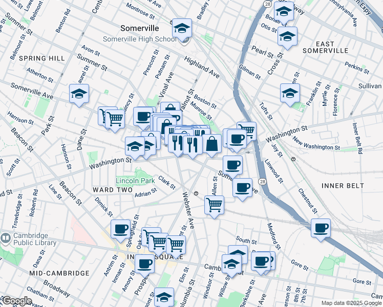 map of restaurants, bars, coffee shops, grocery stores, and more near 9 Union Square in Somerville