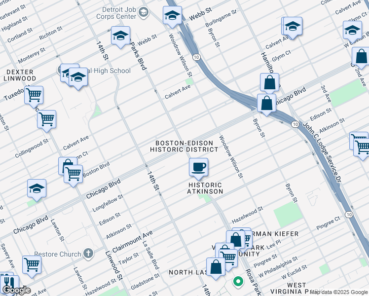 map of restaurants, bars, coffee shops, grocery stores, and more near Chicago Boulevard in Detroit
