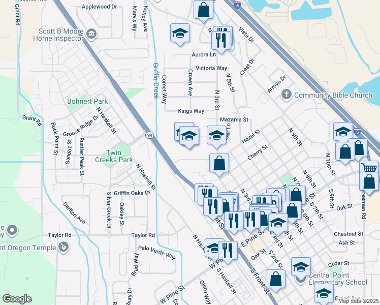 map of restaurants, bars, coffee shops, grocery stores, and more near 655 North 3rd Street in Central Point