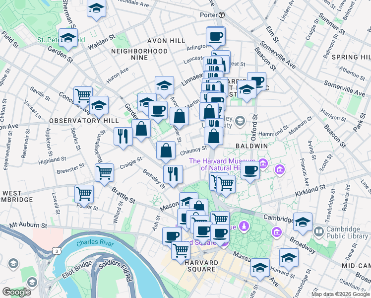 map of restaurants, bars, coffee shops, grocery stores, and more near 16 Chauncy Street in Cambridge