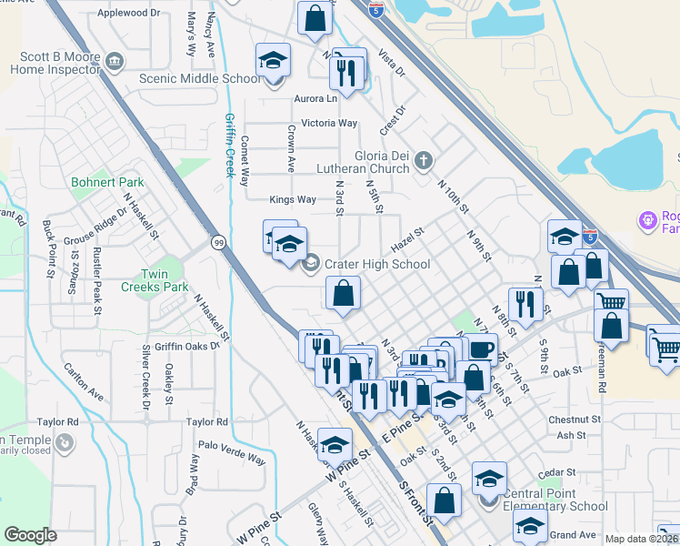 map of restaurants, bars, coffee shops, grocery stores, and more near 450 North 3rd Street in Central Point