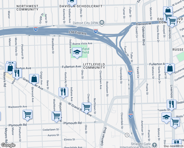 map of restaurants, bars, coffee shops, grocery stores, and more near 12324 Northlawn Street in Detroit
