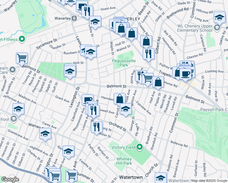 map of restaurants, bars, coffee shops, grocery stores, and more near 73 Hovey Street in Watertown