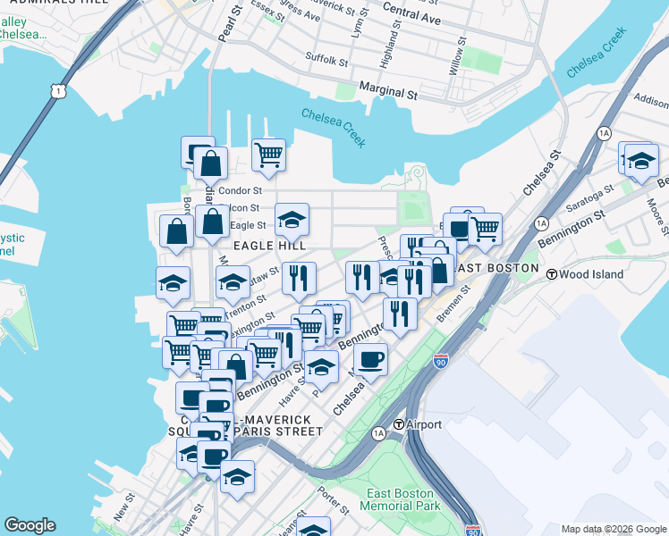 map of restaurants, bars, coffee shops, grocery stores, and more near 155 Trenton Street in Boston