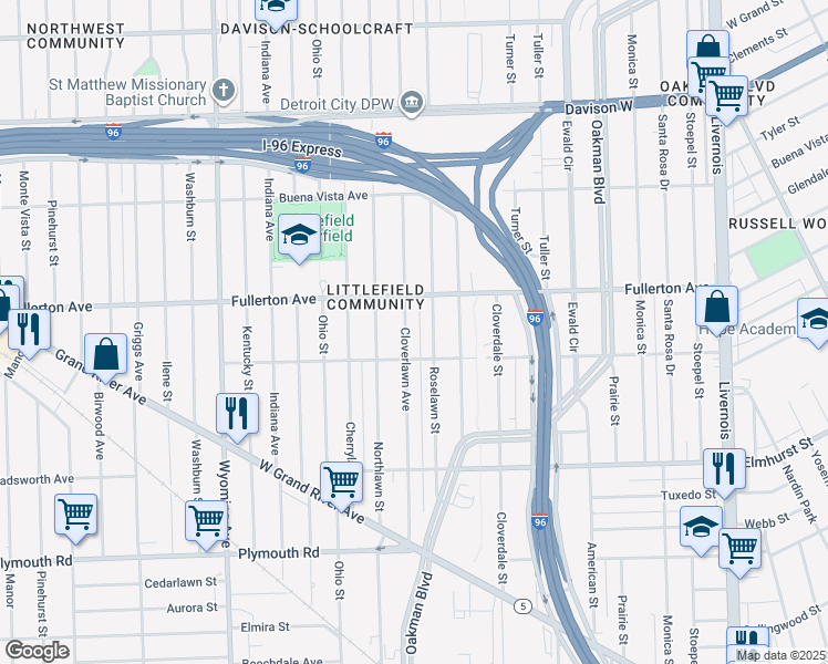 map of restaurants, bars, coffee shops, grocery stores, and more near 12324 Cloverlawn Avenue in Detroit