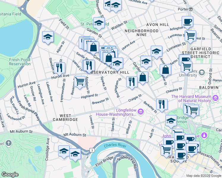 map of restaurants, bars, coffee shops, grocery stores, and more near 70 Sparks Street in Cambridge