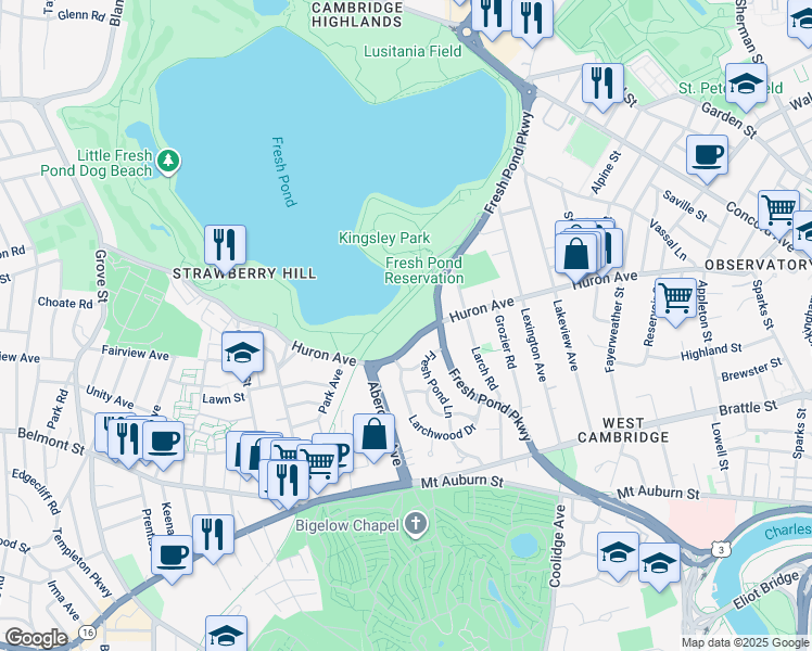 map of restaurants, bars, coffee shops, grocery stores, and more near 533 Huron Avenue in Cambridge