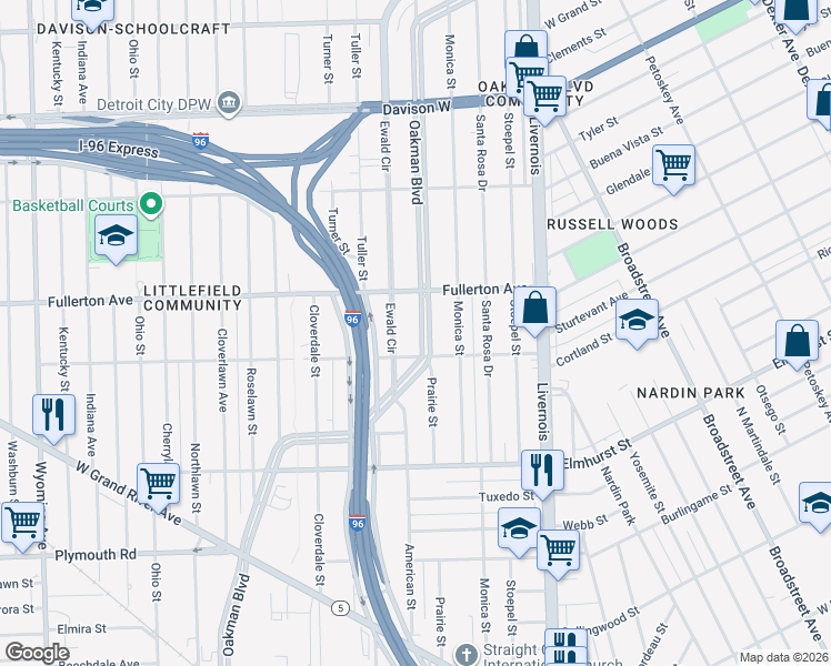 map of restaurants, bars, coffee shops, grocery stores, and more near 3529 Oakman Boulevard in Detroit