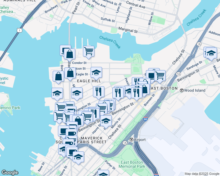 map of restaurants, bars, coffee shops, grocery stores, and more near 155 Trenton Street in Boston