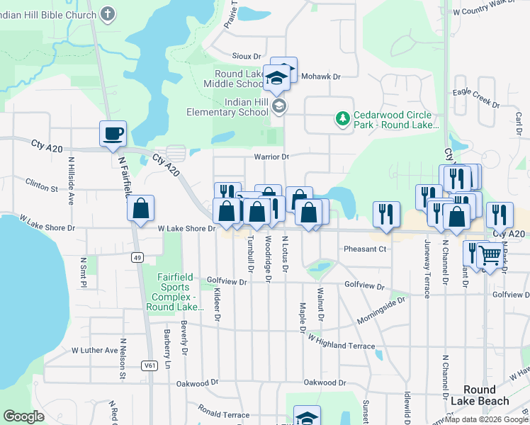 map of restaurants, bars, coffee shops, grocery stores, and more near 812 West Rollins Road in Round Lake Beach